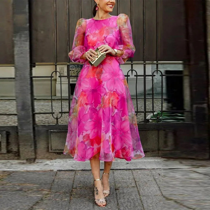 Women's Elegant Floral Midi Wedding Guest Dress in Pink