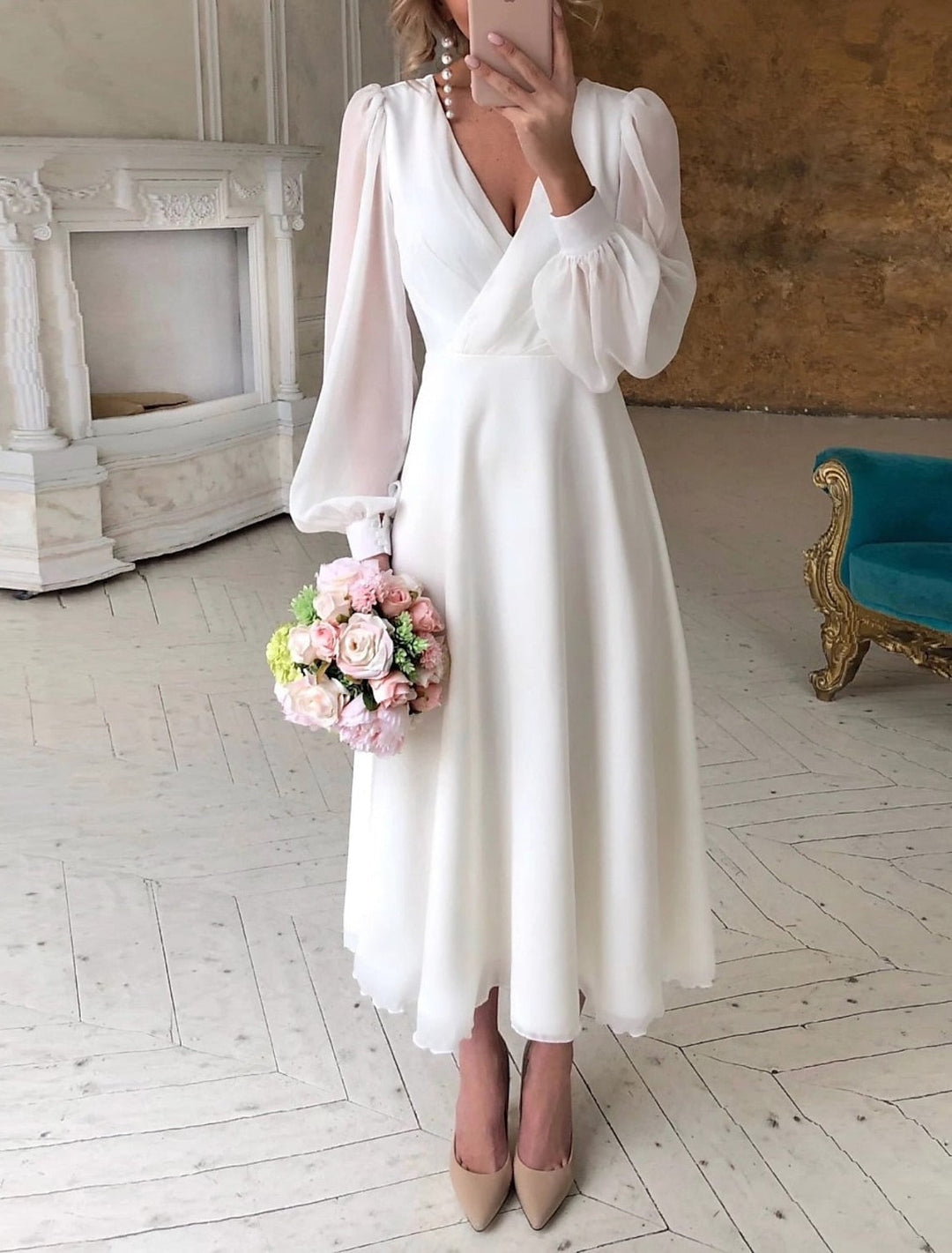 Women's Elegant Flowing Long-Sleeve Wedding Guest Dress in White