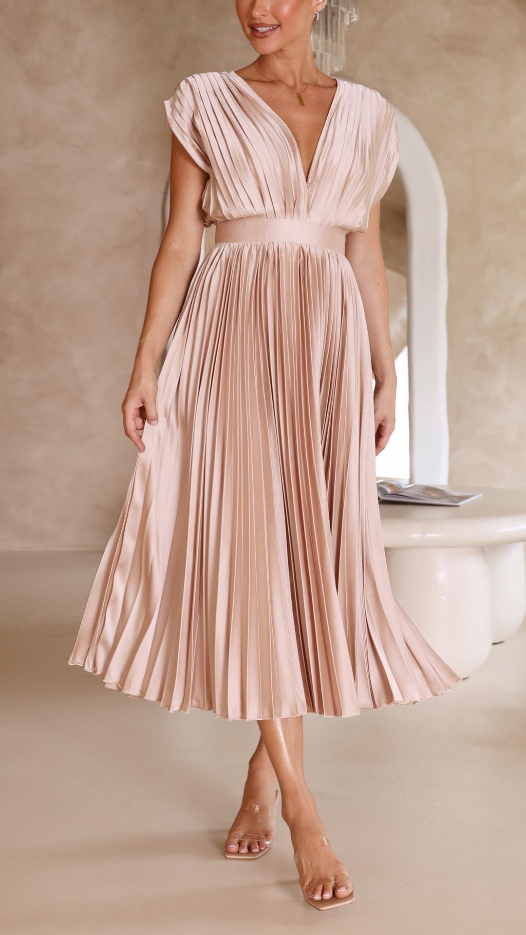 Women's Elegant Midi Wedding Guest Dress in Beige