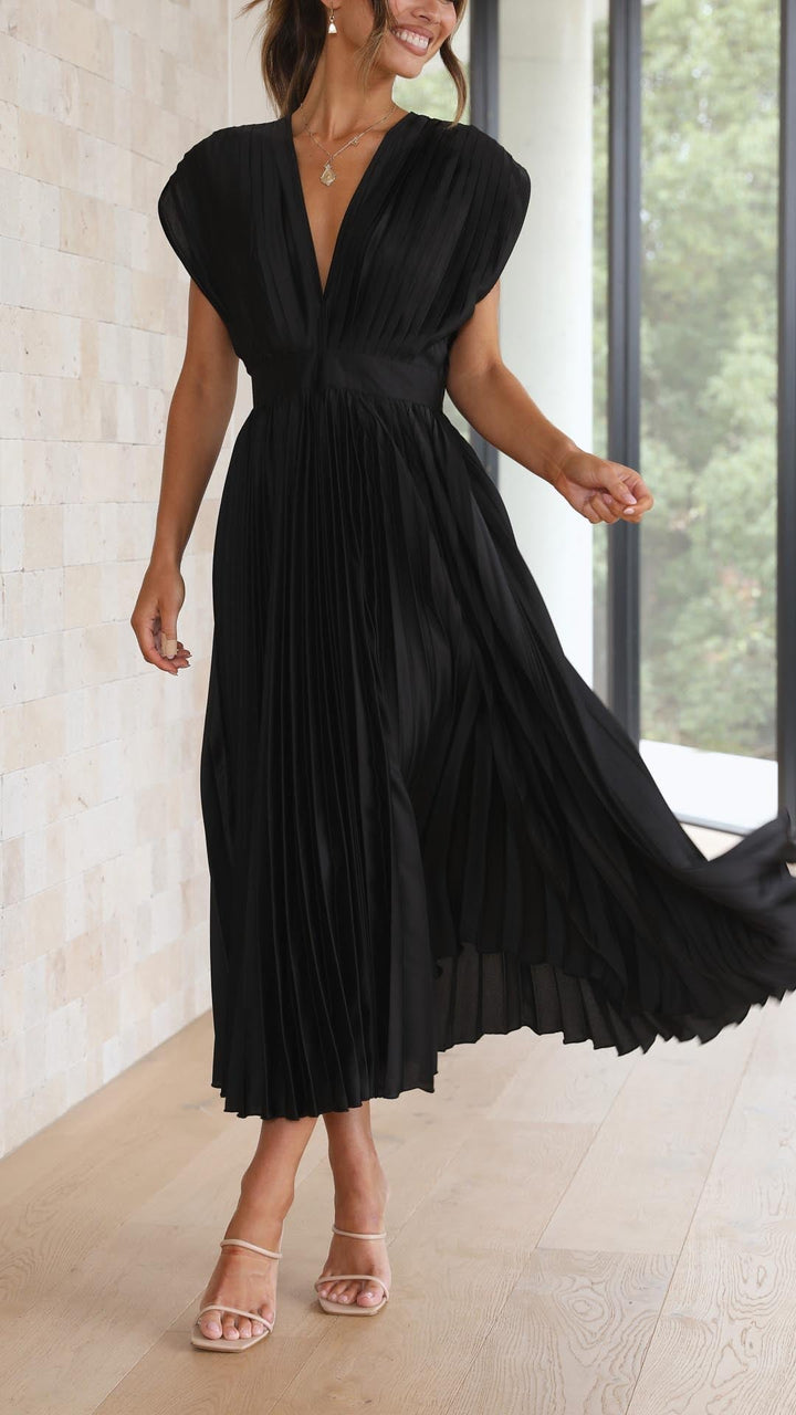 Women's Elegant Midi Wedding Guest Dress in Black