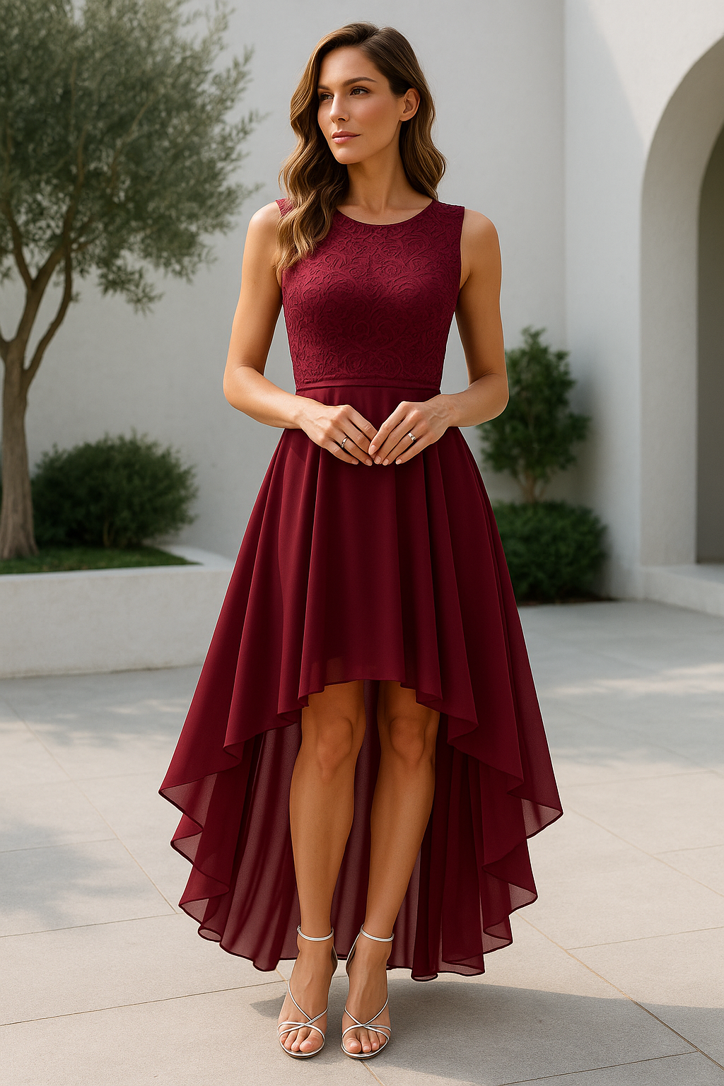 Women's Elegant Midi Wedding Guest Dress in Dark Red 1