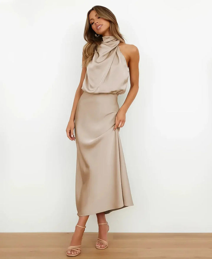 Women's Elegant Wedding Guest Midi Dress in Apricot