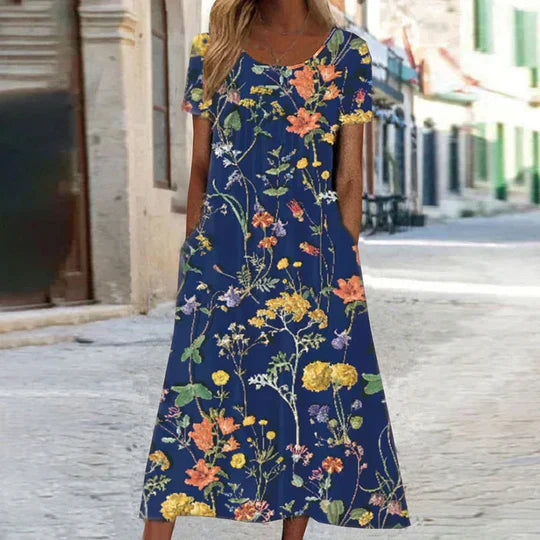 Women's Floral Midi Summer Dress in Dark blue
