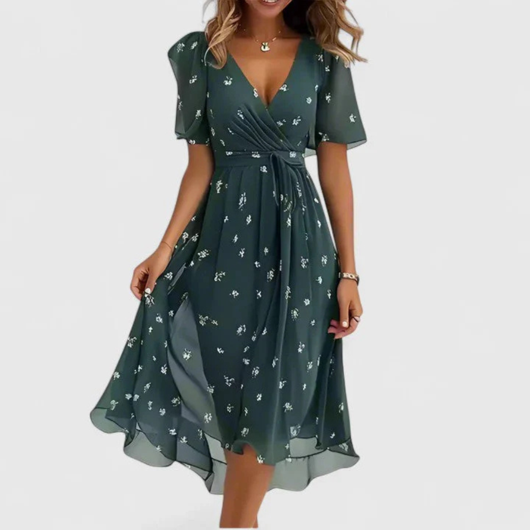 Women's Floral Midi Summer Dress for Weddings in Green