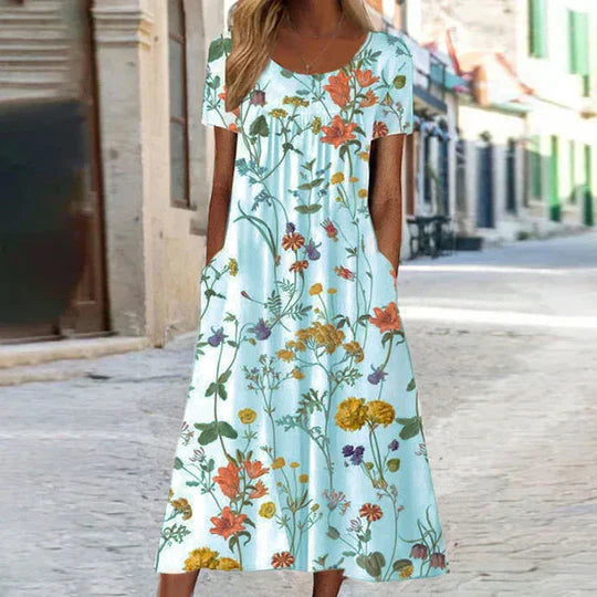Women's Floral Midi Summer Dress in Sky blue