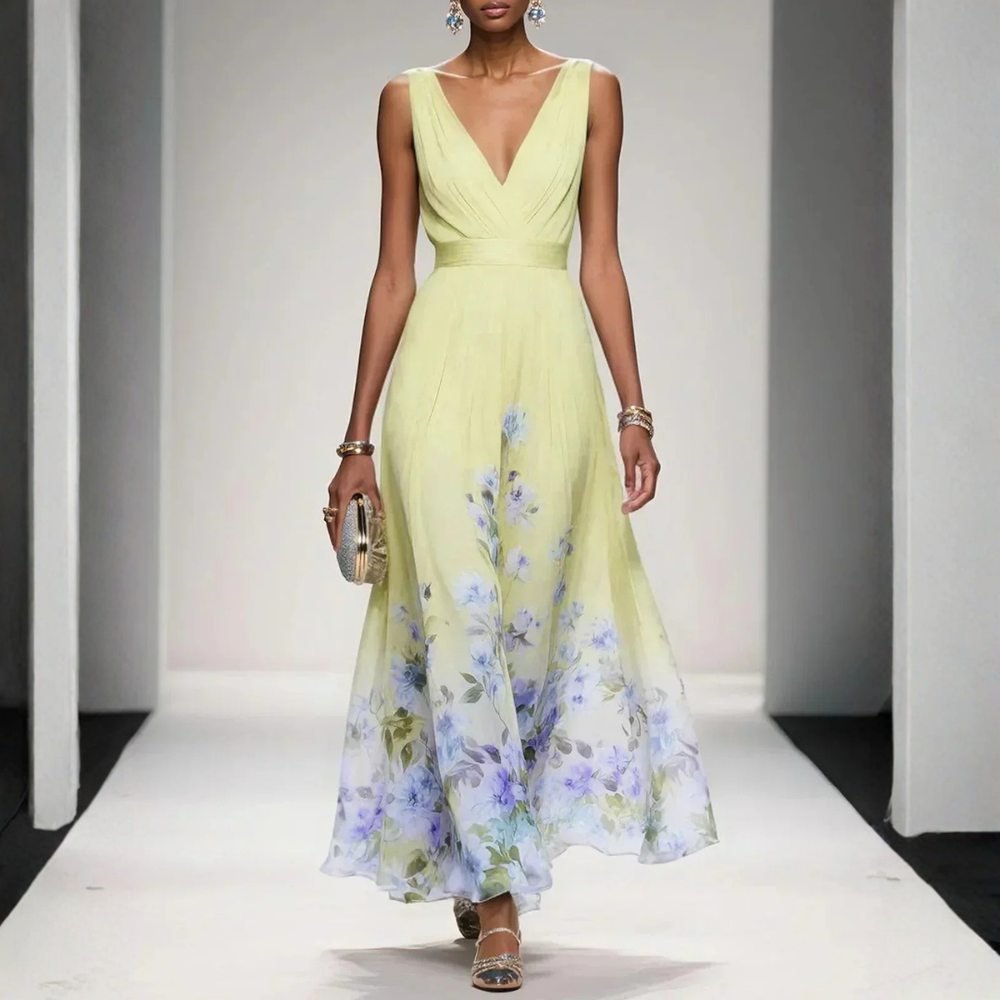 Women's Flowing Floral Maxi Wedding Guest Dress in Yellow