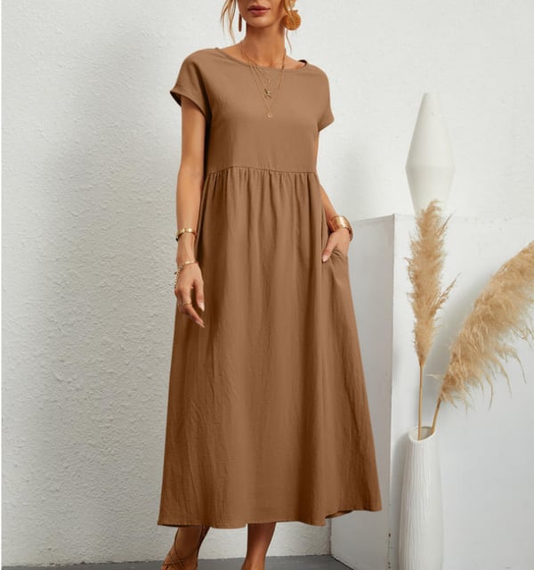 Women's Linen Relaxed Wedding Guest Dress in Brown