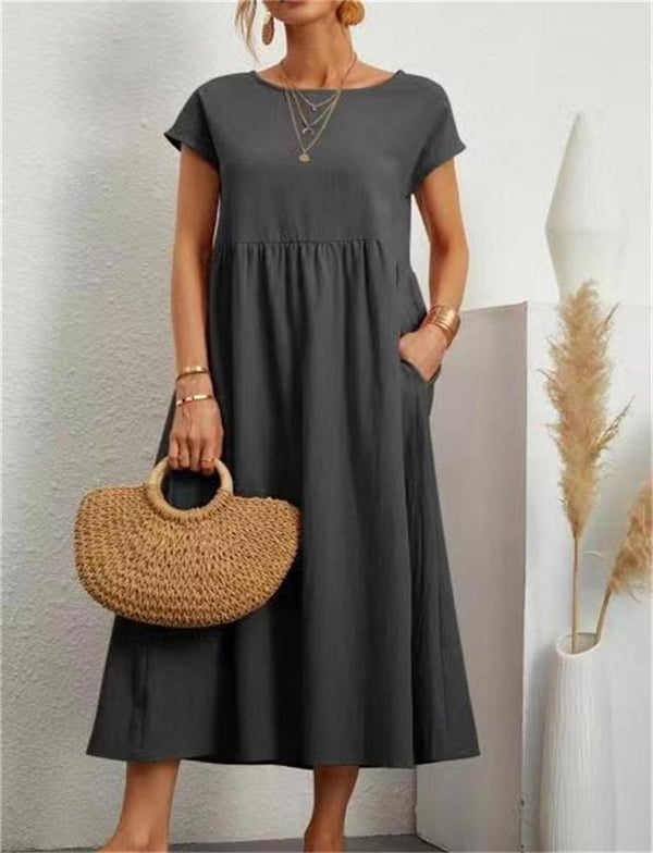 Women's Linen Relaxed Wedding Guest Dress in Dark Grey