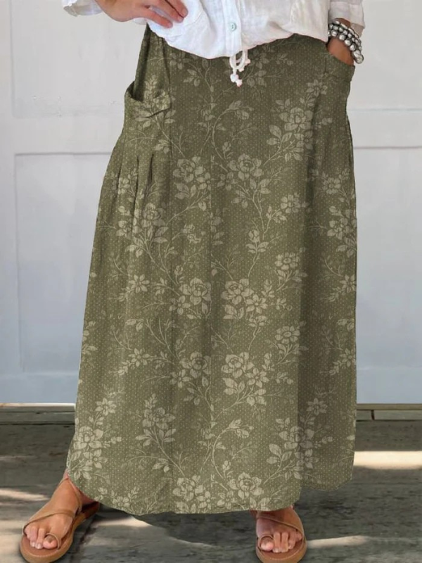 Women's Linen Skirt in Vintage Floral Print in Green