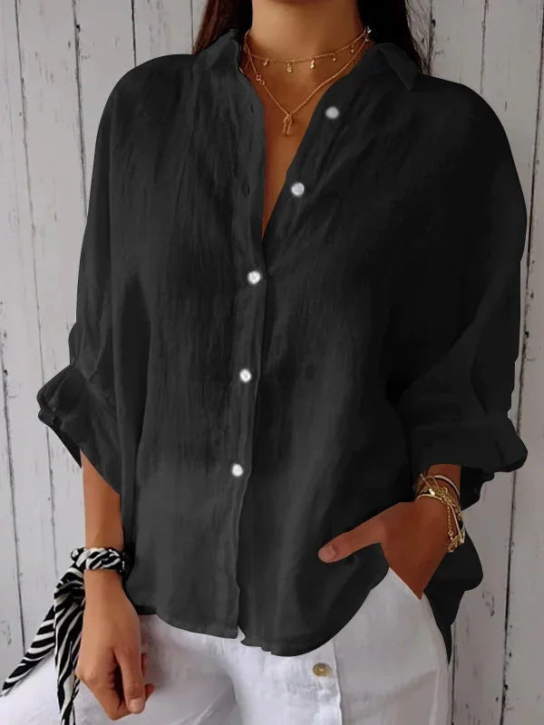 Women's Long Sleeve Top in Relaxed Linen in Black