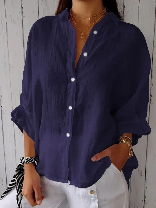 Women's Long Sleeve Top in Relaxed Linen in Dark blue