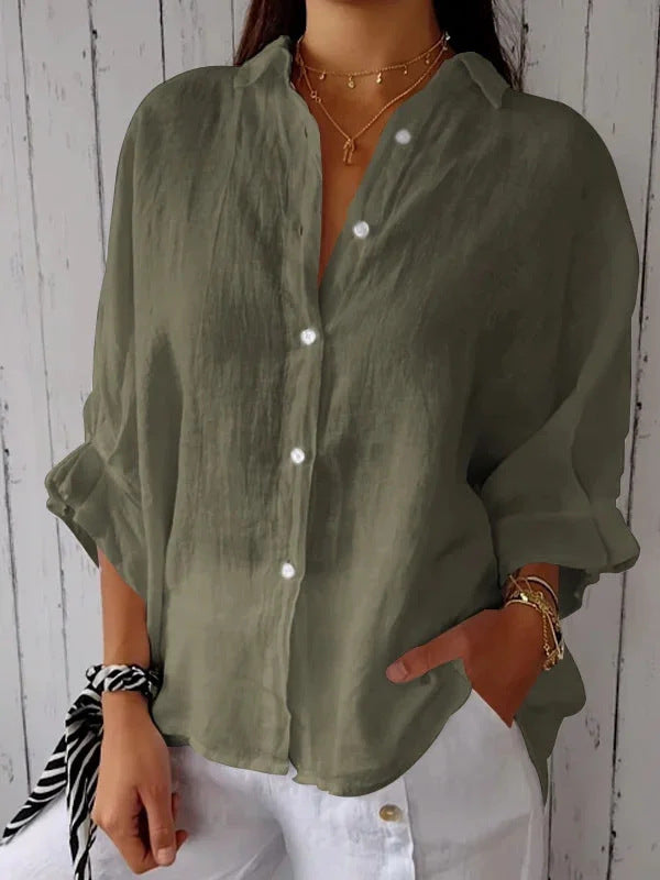 Women's Long Sleeve Top in Relaxed Linen in Olive green