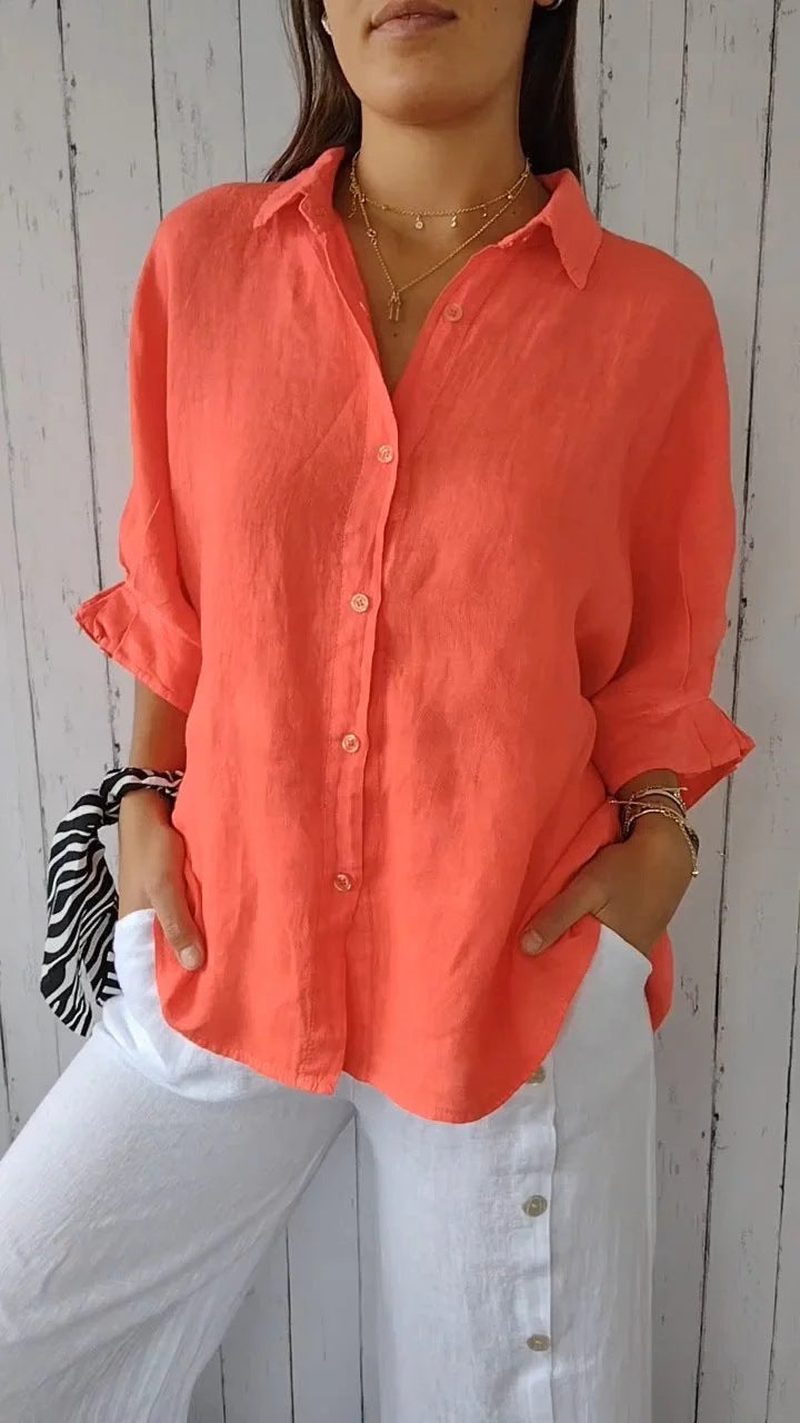 Women's Long Sleeve Top in Relaxed Linen in Orange red