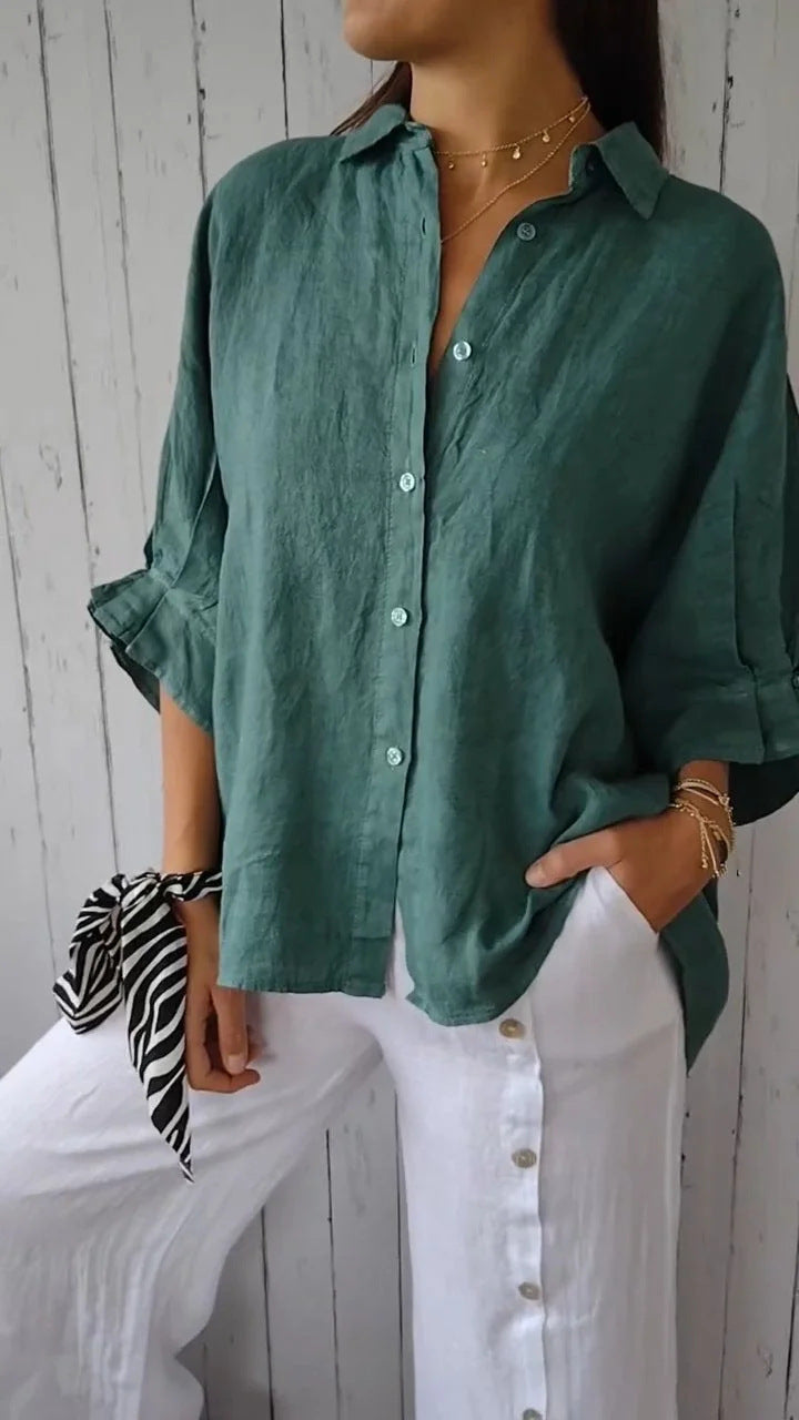 Women's Long Sleeve Top in Relaxed Linen in Peacock Green