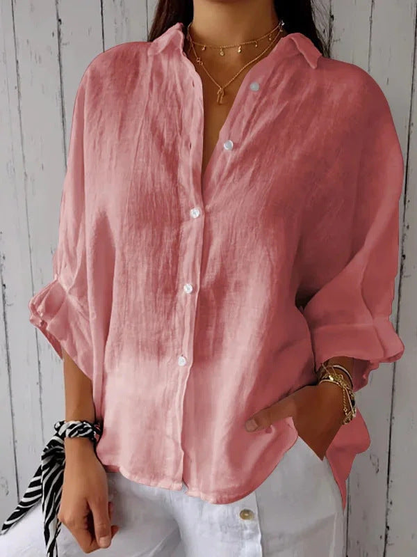 Women's Long Sleeve Top in Relaxed Linen in Pink