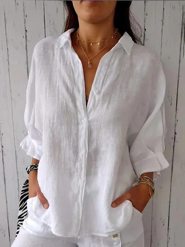 Women's Long Sleeve Top in Relaxed Linen in White
