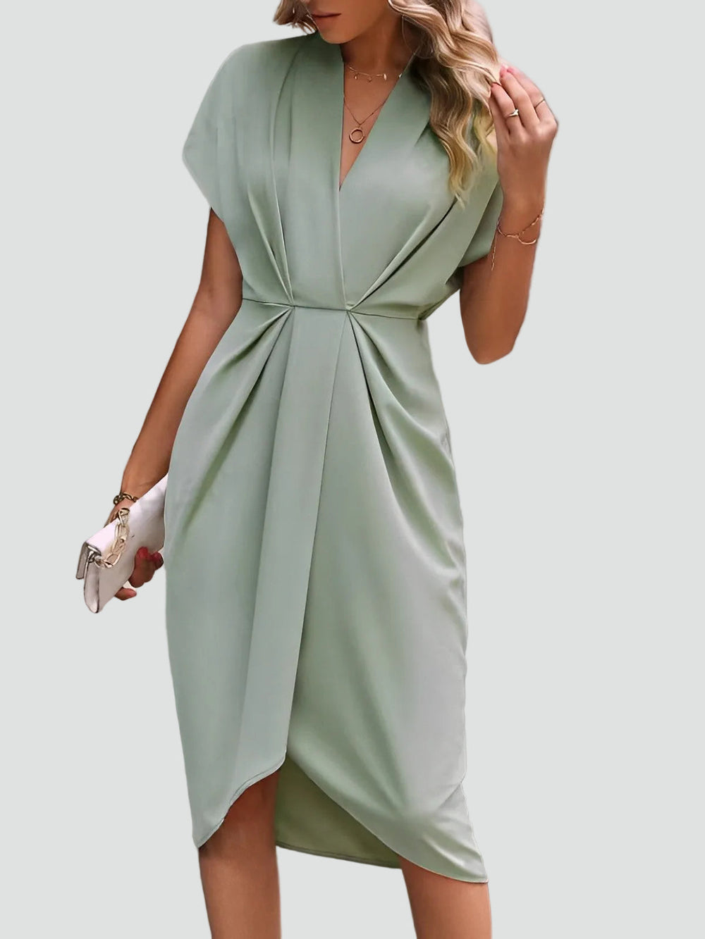 Women's Midi Wrap Wedding Guest Dress in Lichtgroen
