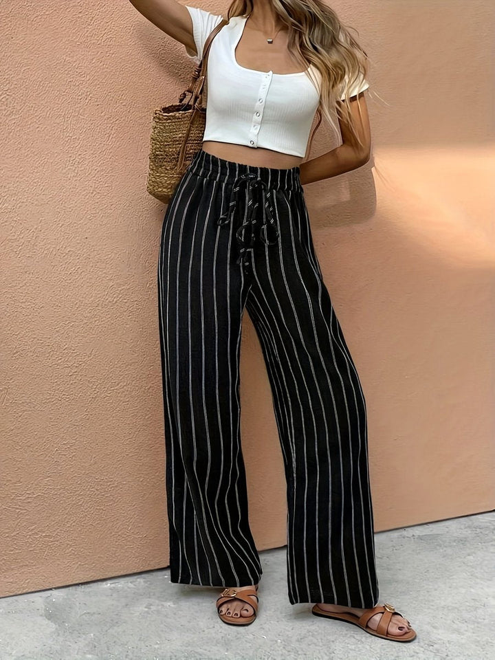 Women's Pinstriped Wide Leg Linen Pants in Black