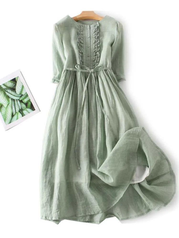 Women's Pleated Linen Maxi Wedding Guest Dress in Green