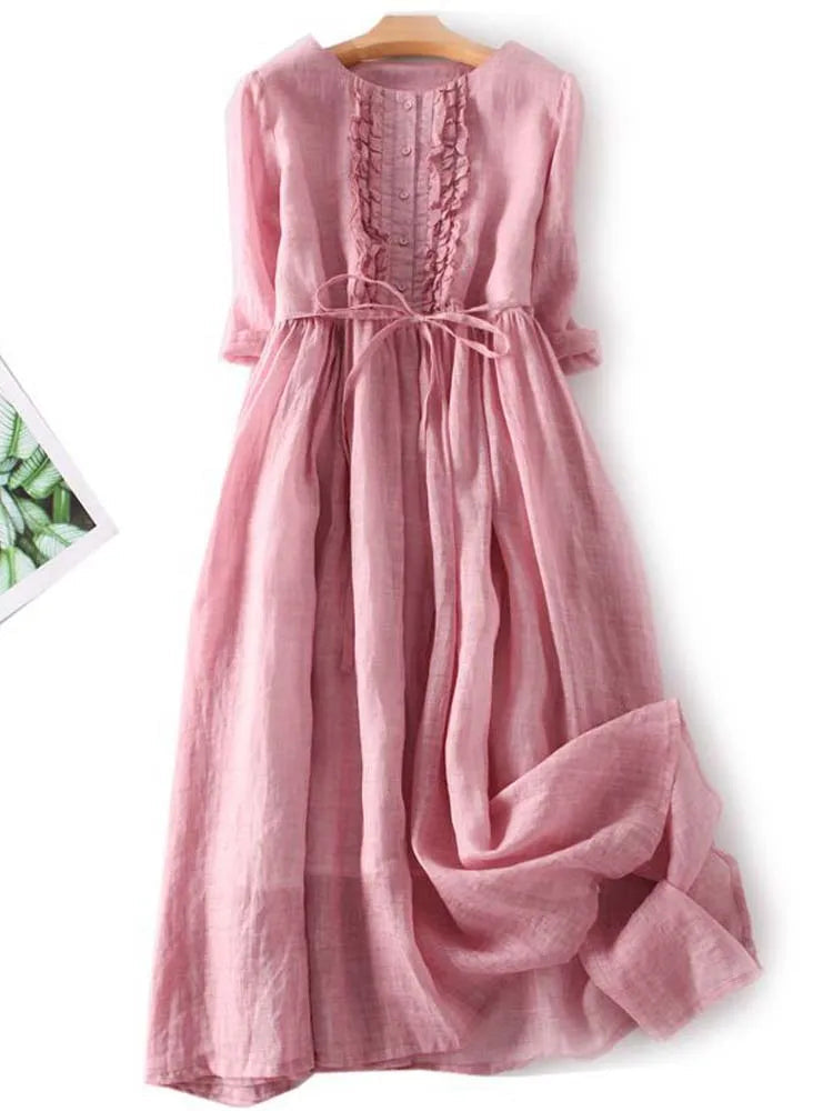 Women's Pleated Linen Maxi Wedding Guest Dress in Pink
