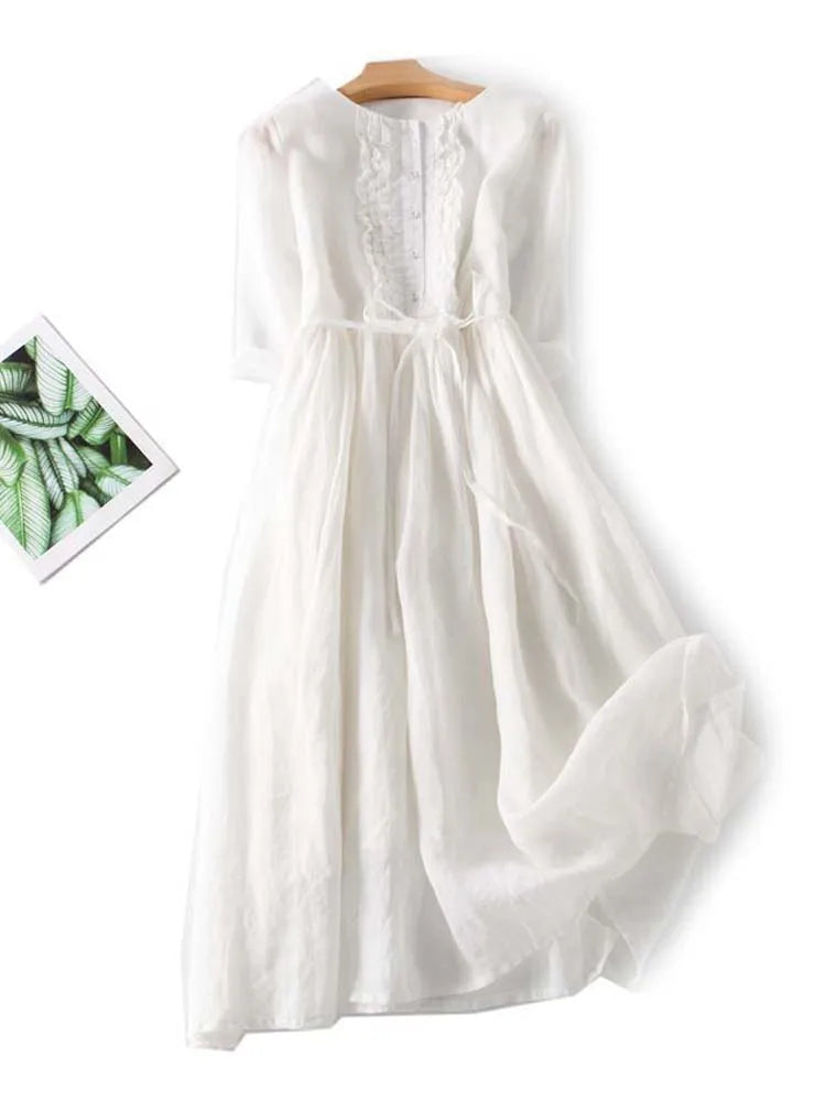 Women's Pleated Linen Maxi Wedding Guest Dress in White