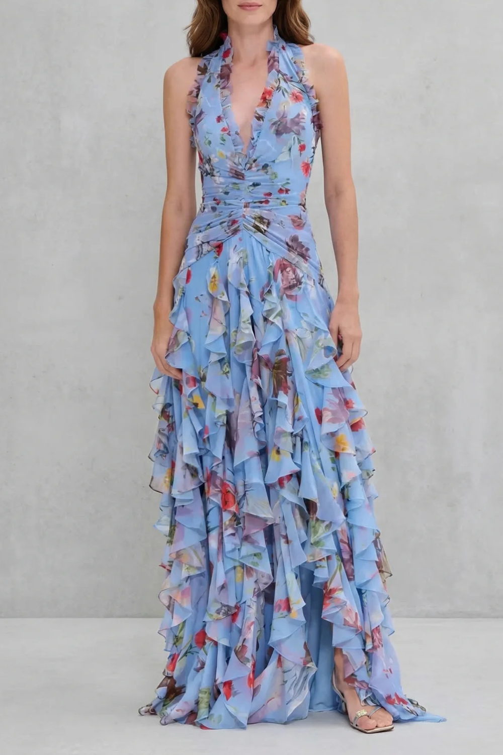 Women's Romantic Floral Maxi Wedding Guest Dress in Blue