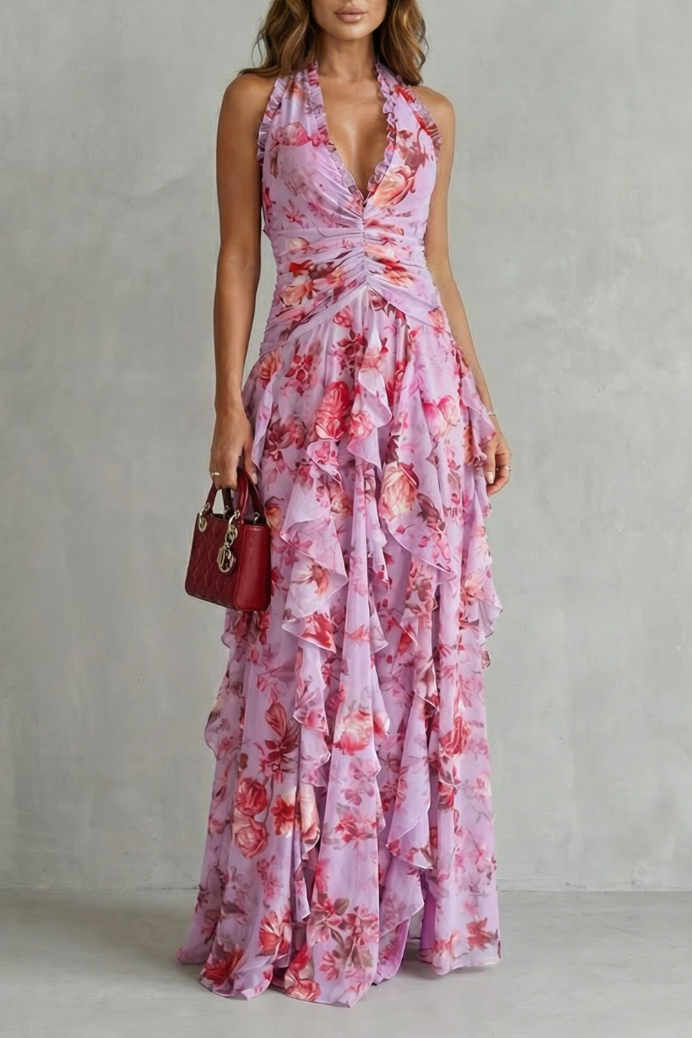 Women's Romantic Floral Maxi Wedding Guest Dress in Pink