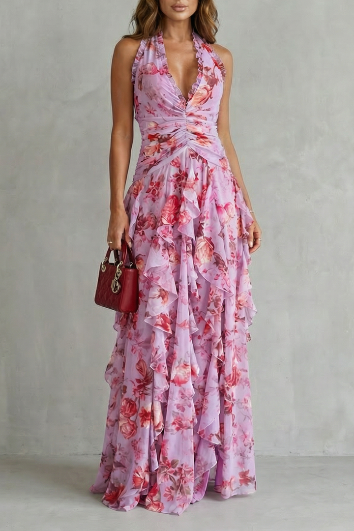 Women's Romantic Floral Maxi Wedding Guest Dress in Pink
