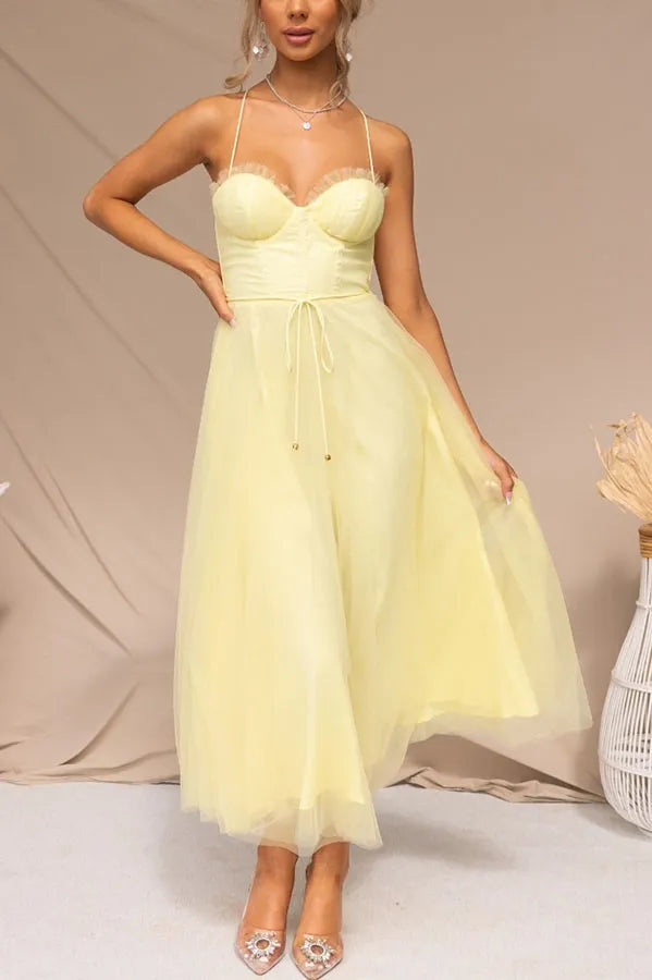 Women's Romantic Tulle Midi Wedding Guest Dress in Żółty