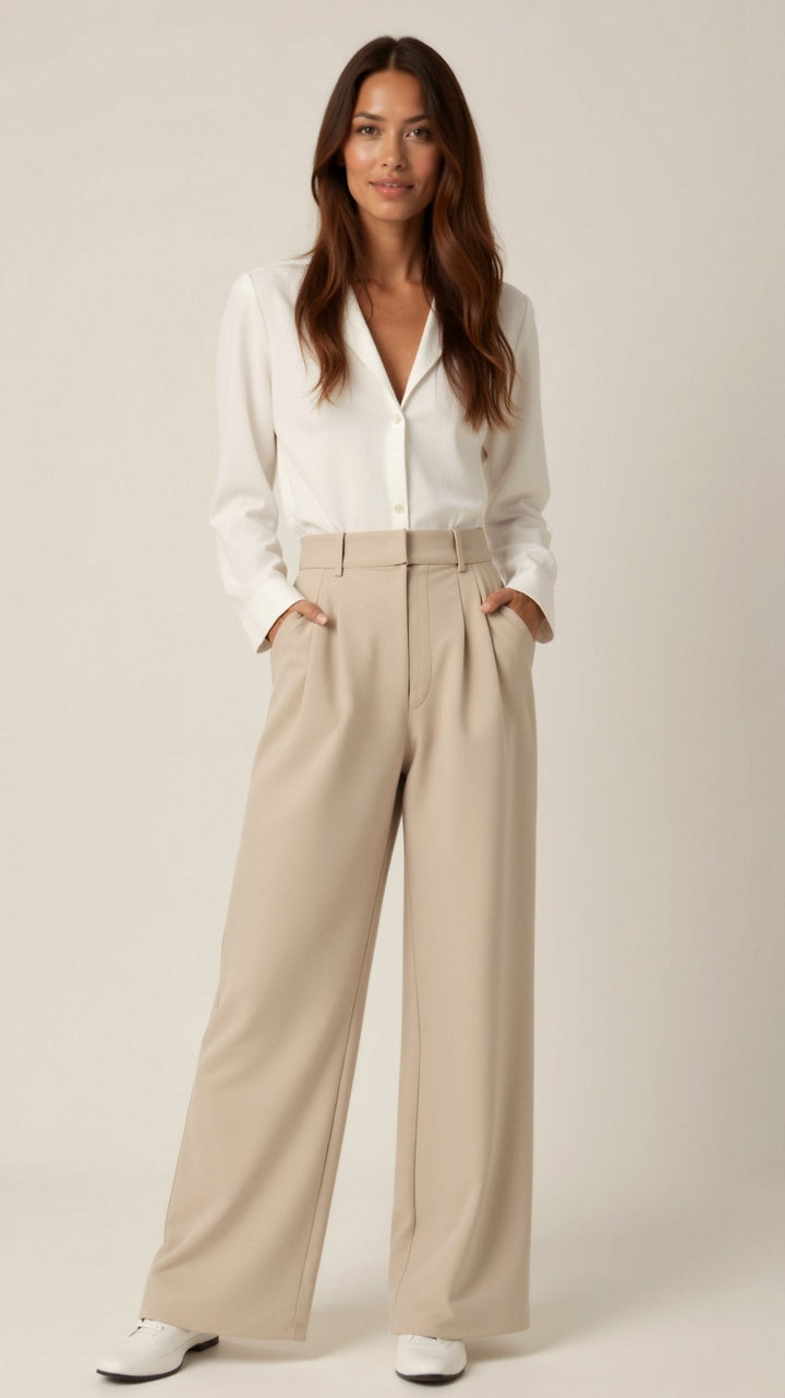 Women's Smart Wide Leg Trousers for Work in Beige