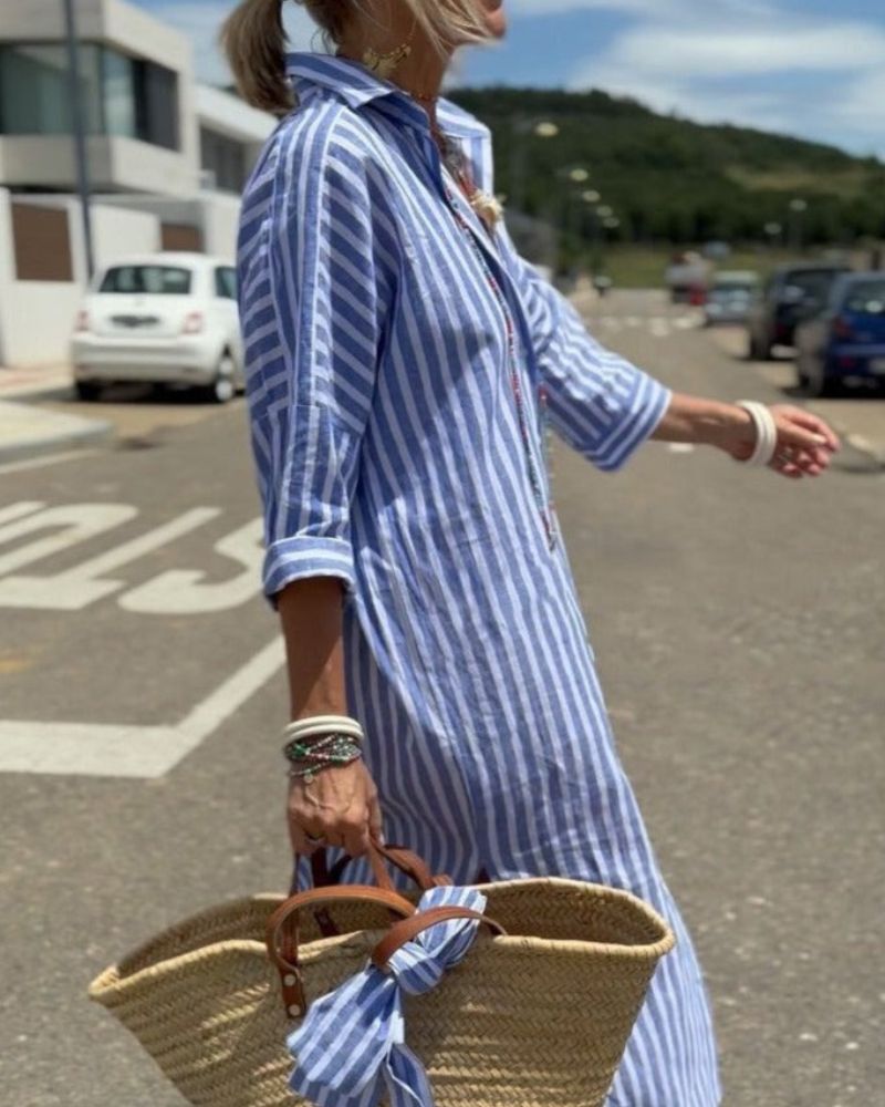 Women's Striped Summer Dress in Shirt Style in Blue