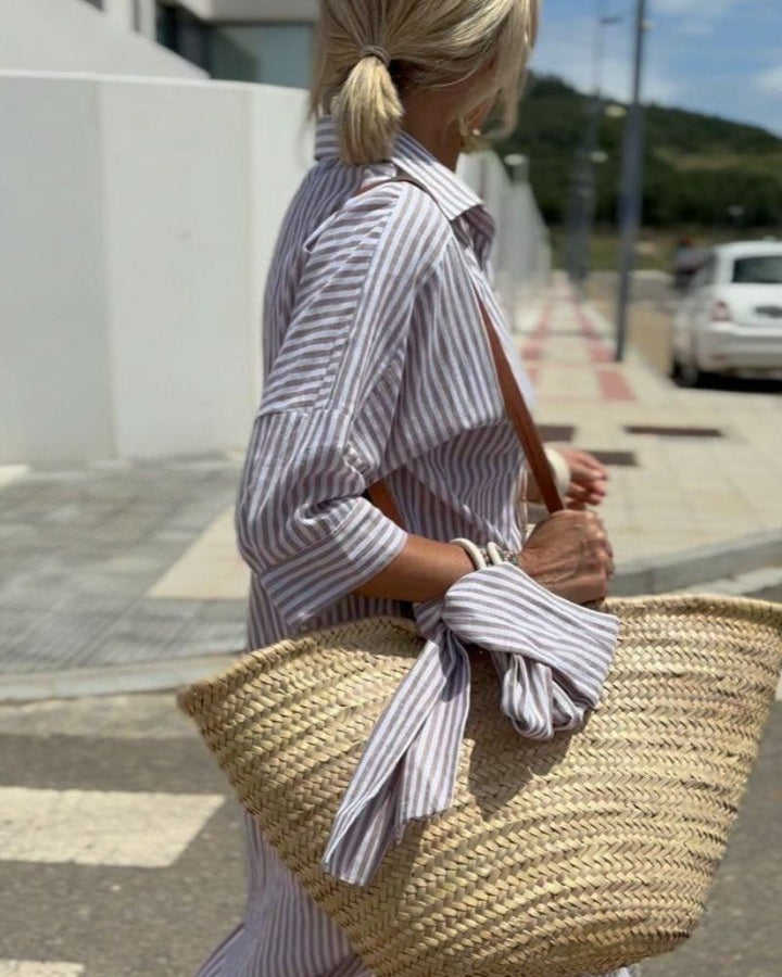 Women's Striped Summer Dress in Shirt Style in Grey 1