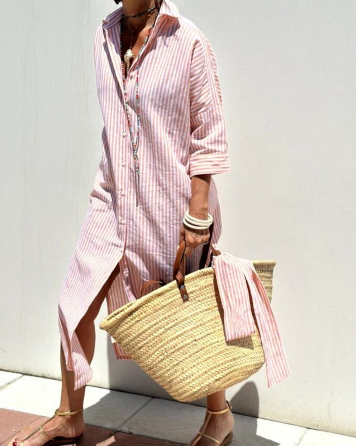 Women's Striped Summer Dress in Shirt Style in Pink 1