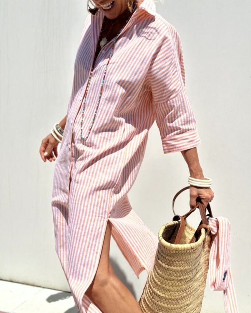 Women's Striped Summer Dress in Shirt Style in Pink 2