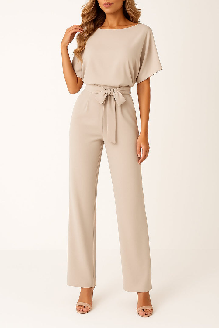 Women's Wide-Leg Jumpsuit with Adjustable Tie Waist in Beige