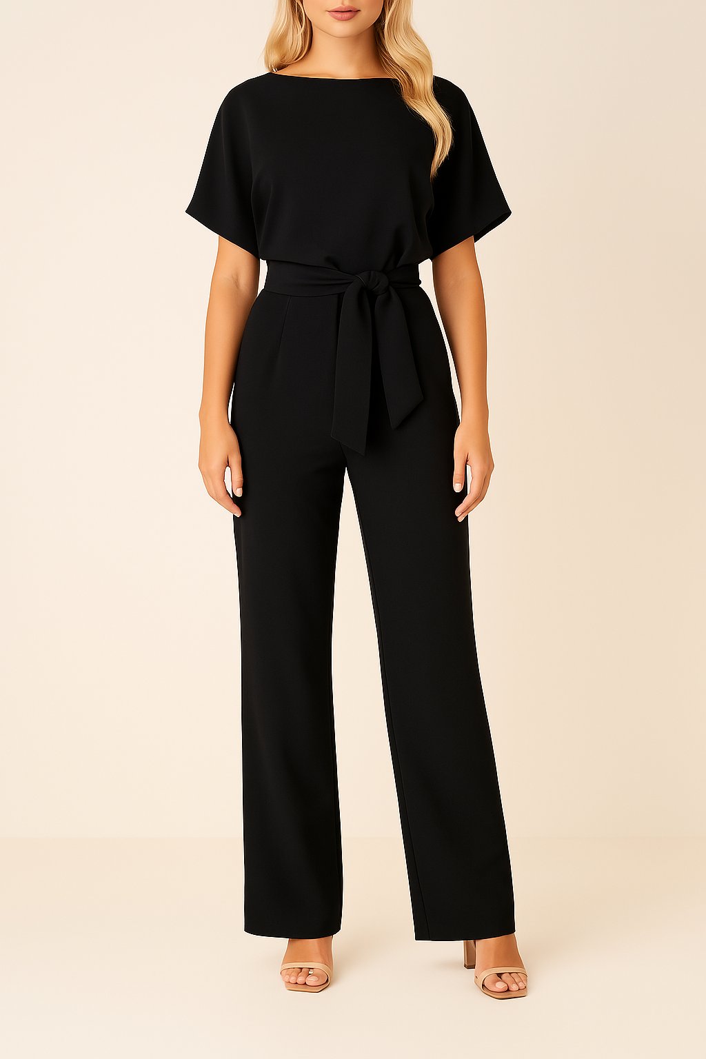 Women's Wide-Leg Jumpsuit with Adjustable Tie Waist in Black