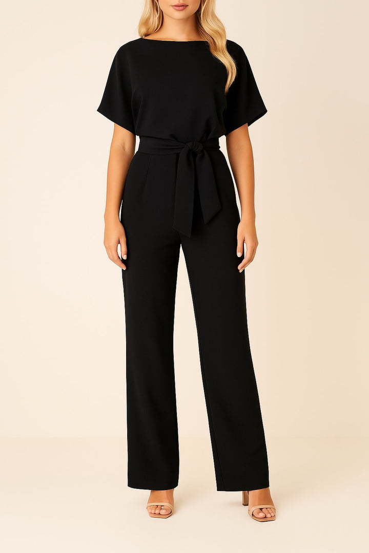 Women's Wide-Leg Jumpsuit with Adjustable Tie Waist in Black