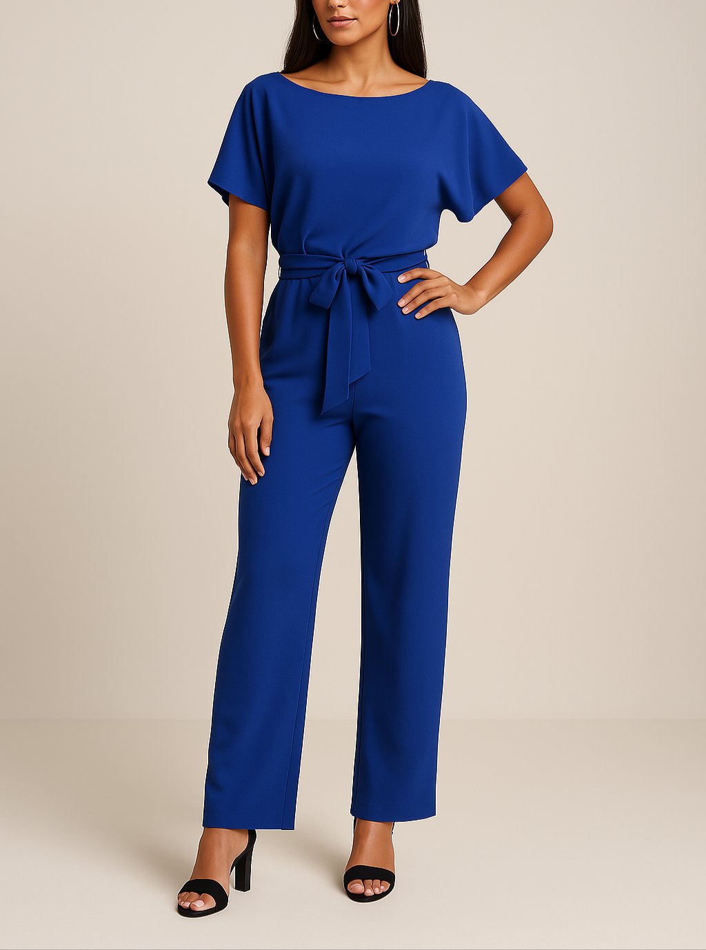 Women's Wide-Leg Jumpsuit with Adjustable Tie Waist in Blue