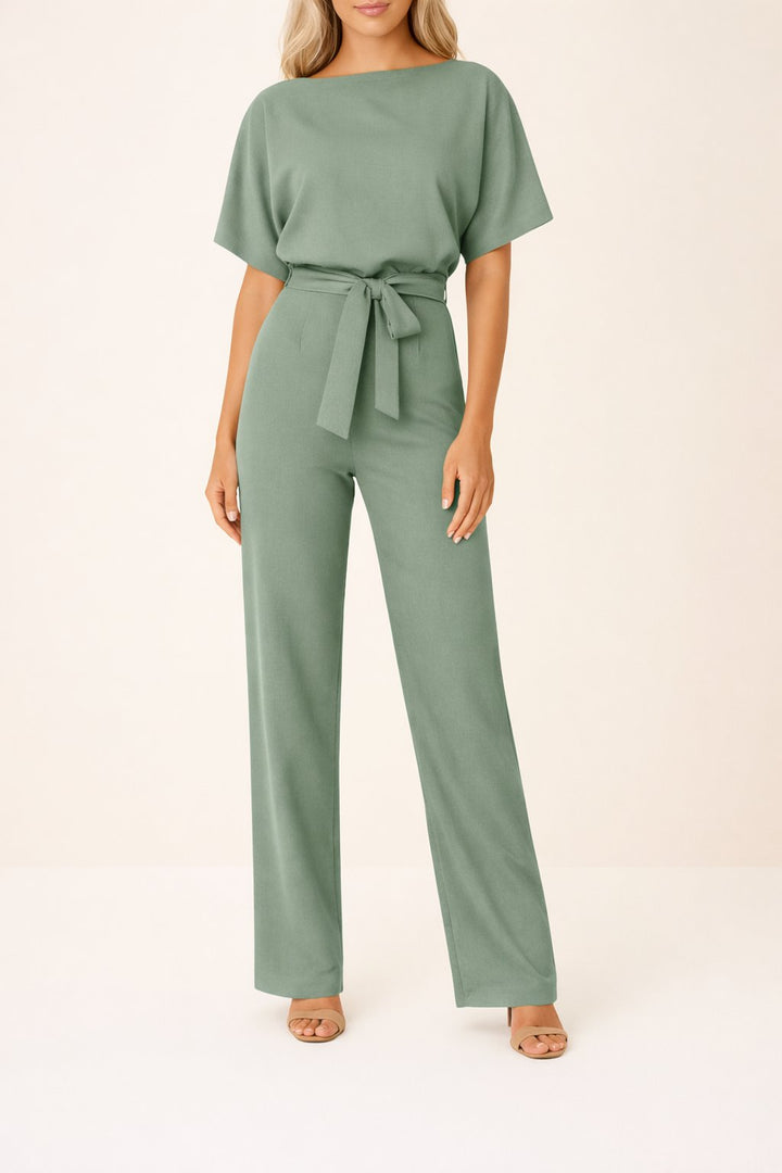Women's Wide-Leg Jumpsuit with Adjustable Tie Waist in Green