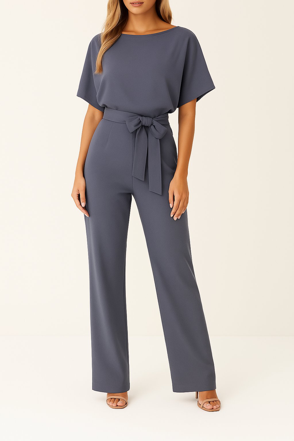 Women's Wide-Leg Jumpsuit with Adjustable Tie Waist in Grey