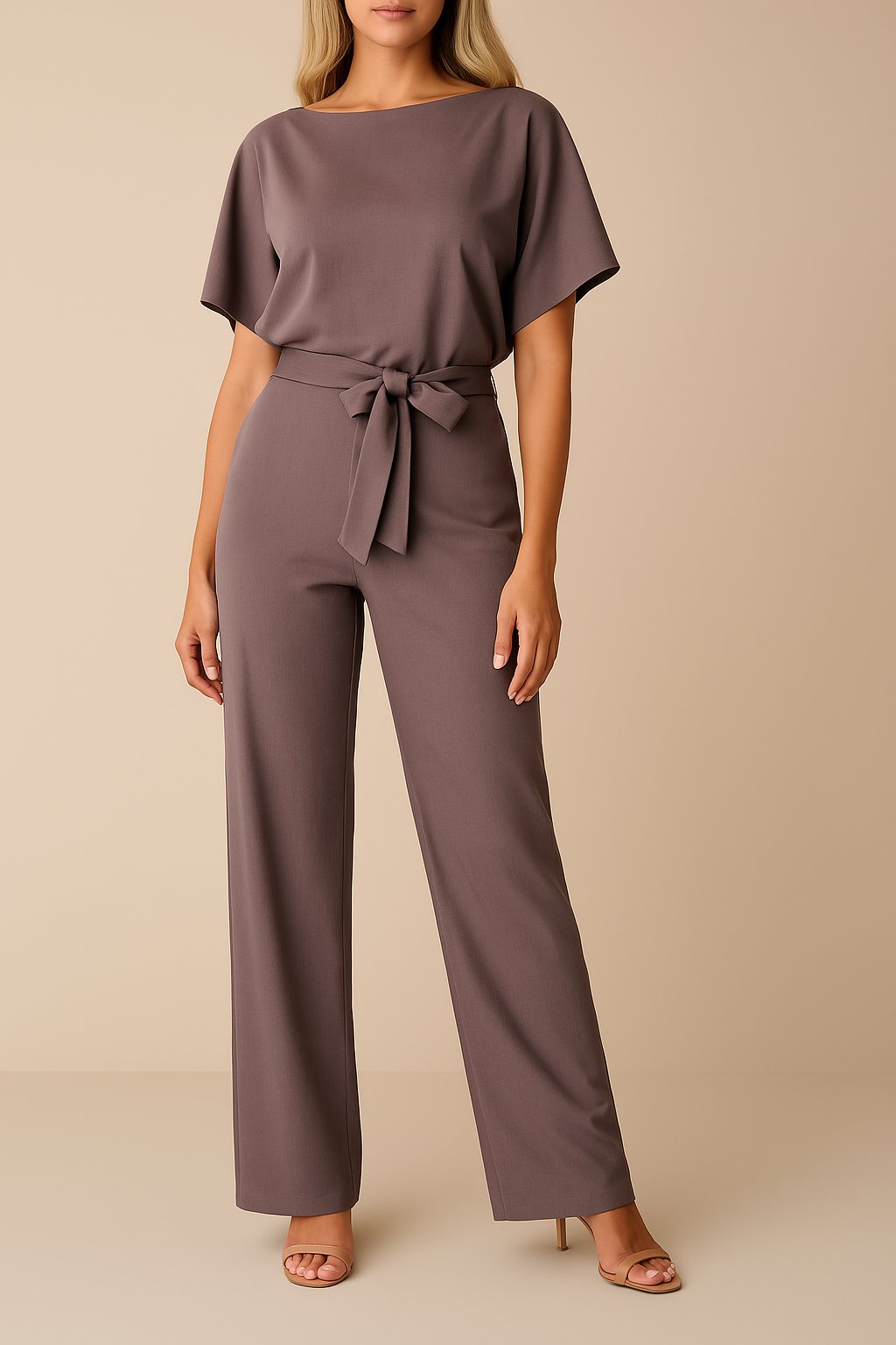 Women's Wide-Leg Jumpsuit with Adjustable Tie Waist in Purple
