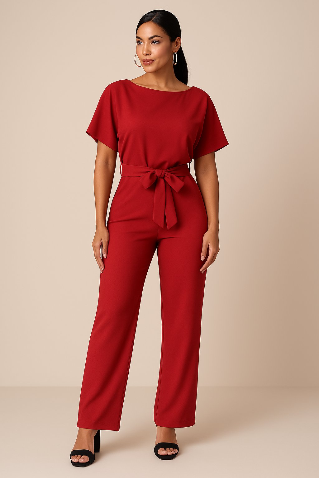 Women's Wide-Leg Jumpsuit with Adjustable Tie Waist in Red