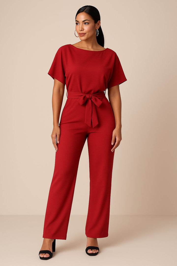 Women's Wide-Leg Jumpsuit with Adjustable Tie Waist in Red